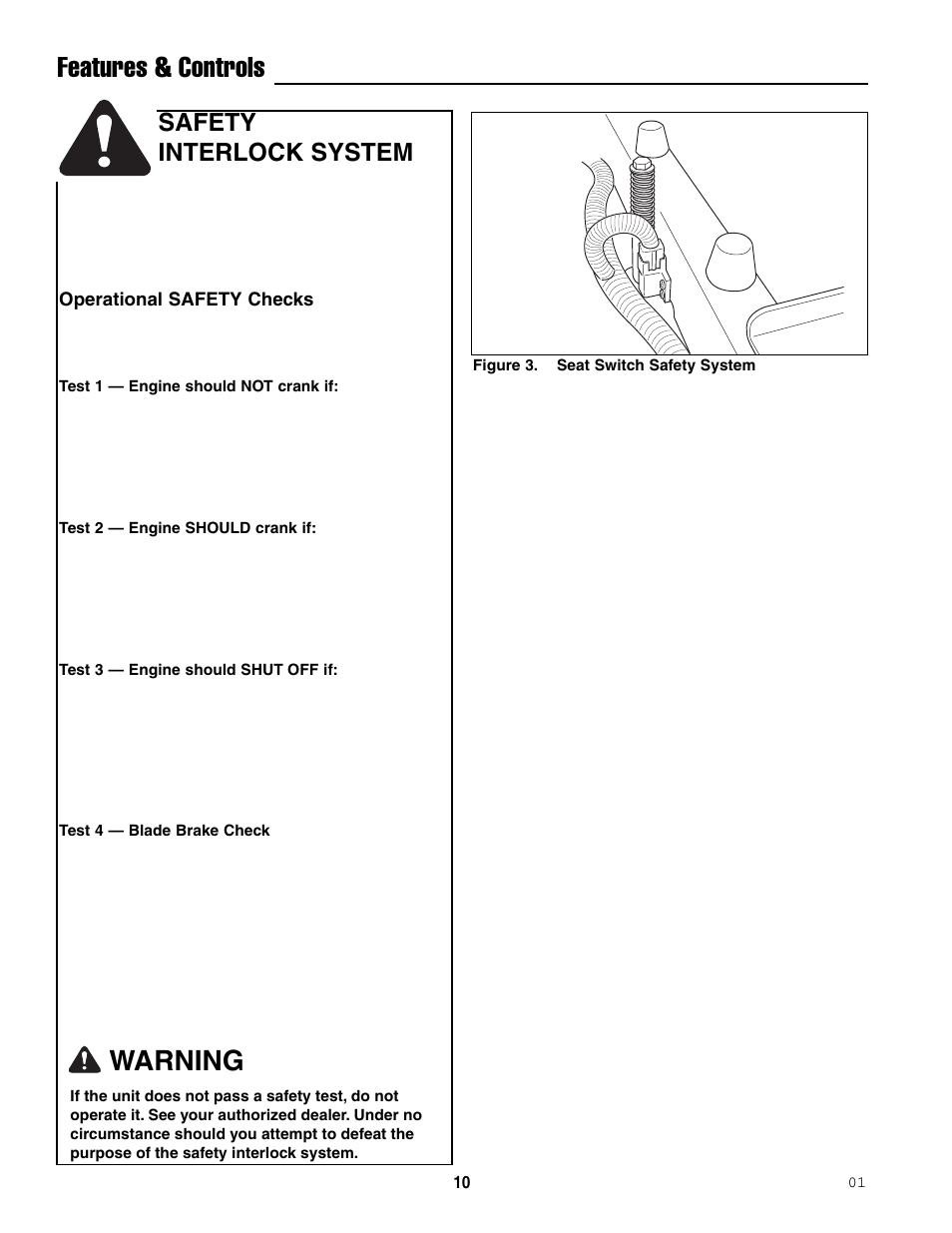 Features & controls, Warning, Safety interlock system | Ferris Industries 5000/72R User Manual | Page 12 / 55