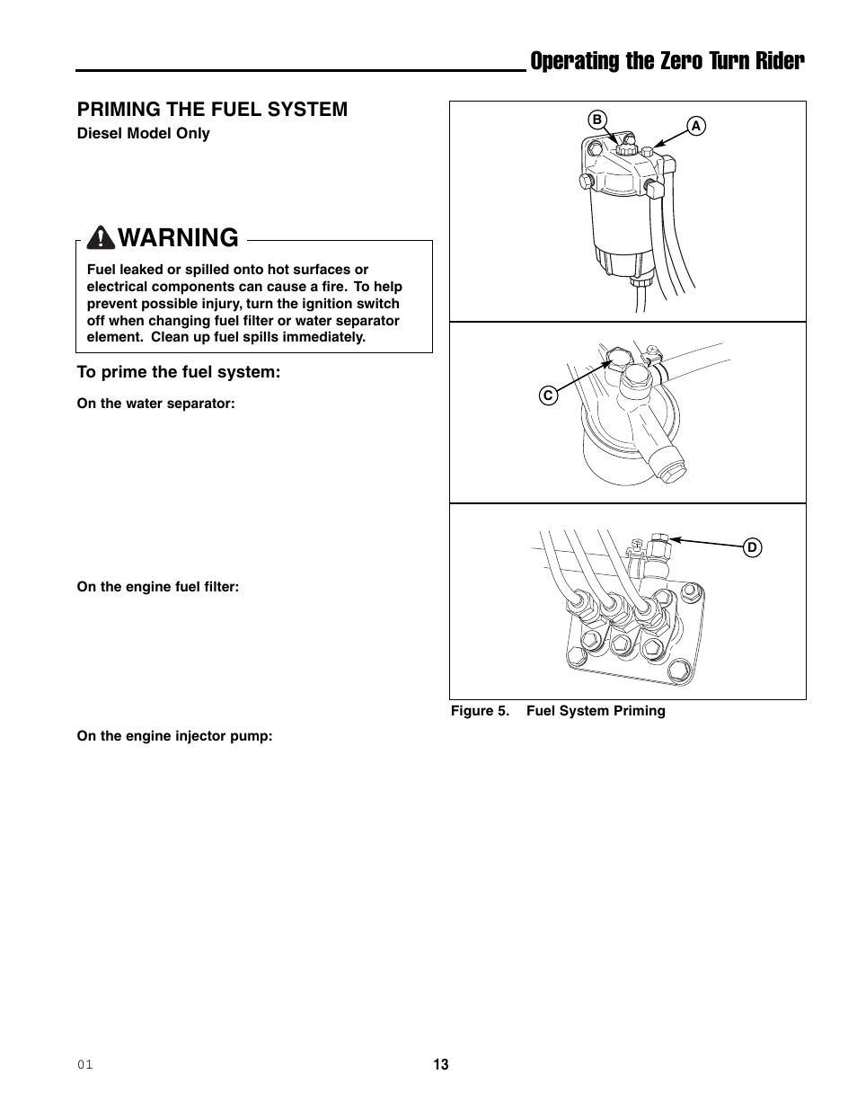 Operating the zero turn rider, Warning, Priming the fuel system | Ferris Industries 5000/72R User Manual | Page 15 / 55
