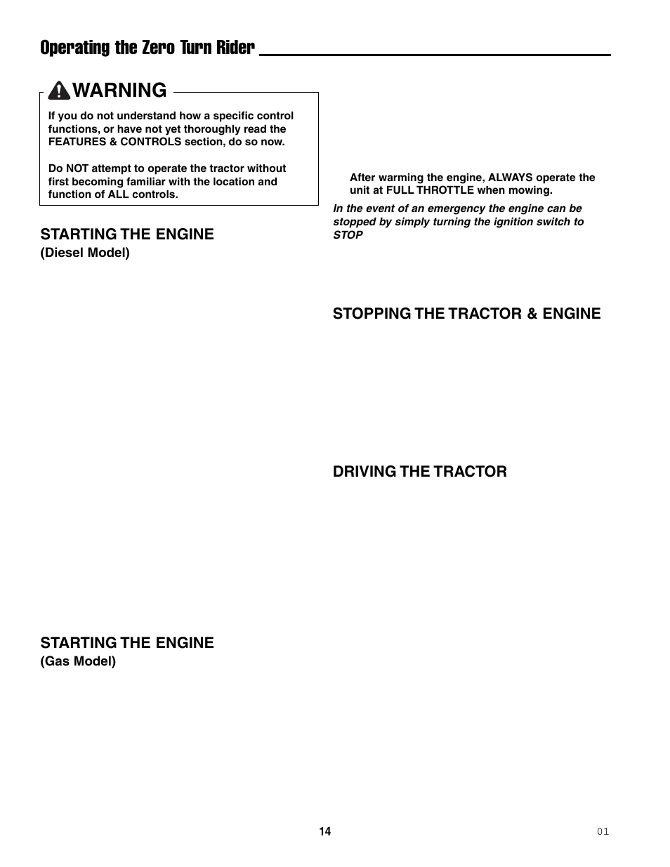 Operating the zero turn rider, Warning, Starting the engine | Stopping the tractor & engine, Driving the tractor | Ferris Industries 5000/72R User Manual | Page 16 / 55