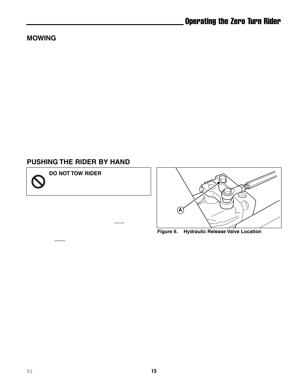 Operating the zero turn rider, Mowing, Pushing the rider by hand | Ferris Industries 5000/72R User Manual | Page 17 / 55