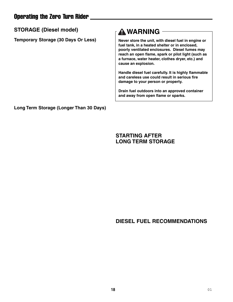 Operating the zero turn rider, Warning, Starting after long term storage | Diesel fuel recommendations, Storage (diesel model) | Ferris Industries 5000/72R User Manual | Page 20 / 55