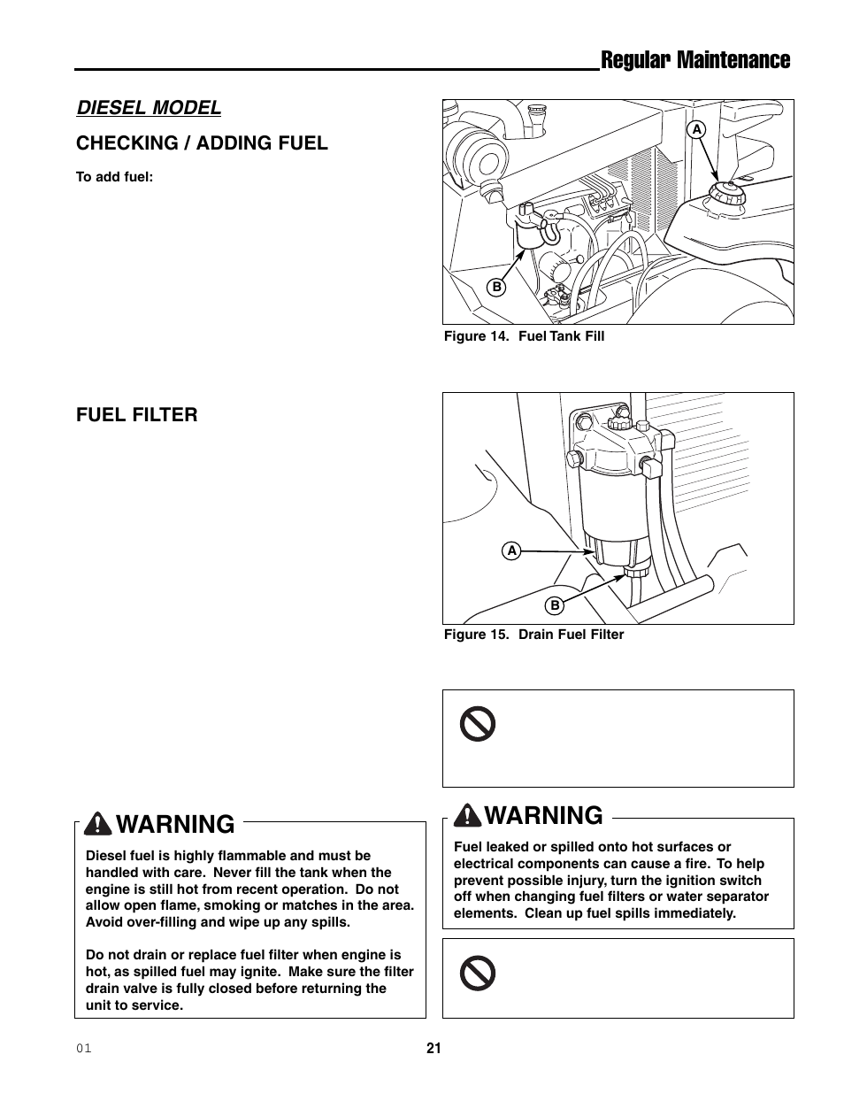 Warning, Regular maintenance, Diesel model | Checking / adding fuel, Fuel filter | Ferris Industries 5000/72R User Manual | Page 23 / 55