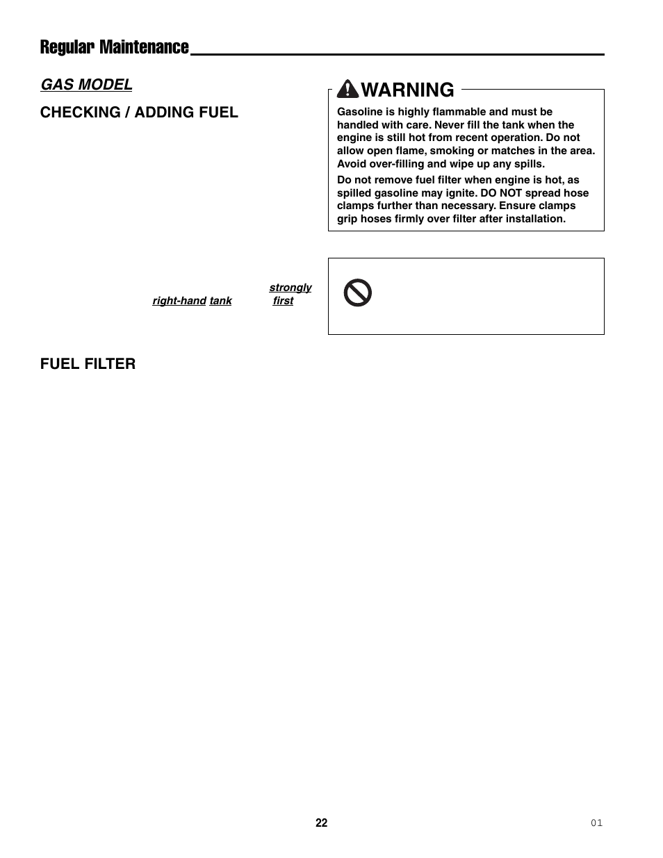 Regular maintenance, Warning, Gas model | Checking / adding fuel, Fuel filter | Ferris Industries 5000/72R User Manual | Page 24 / 55