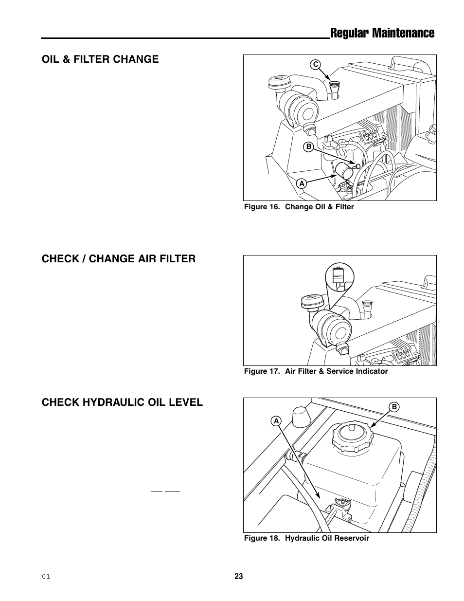 Regular maintenance, Oil & filter change, Check / change air filter | Check hydraulic oil level | Ferris Industries 5000/72R User Manual | Page 25 / 55