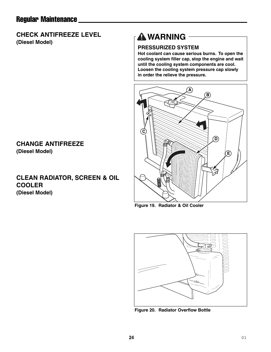Regular maintenance, Warning, Check antifreeze level | Change antifreeze, Clean radiator, screen & oil cooler | Ferris Industries 5000/72R User Manual | Page 26 / 55