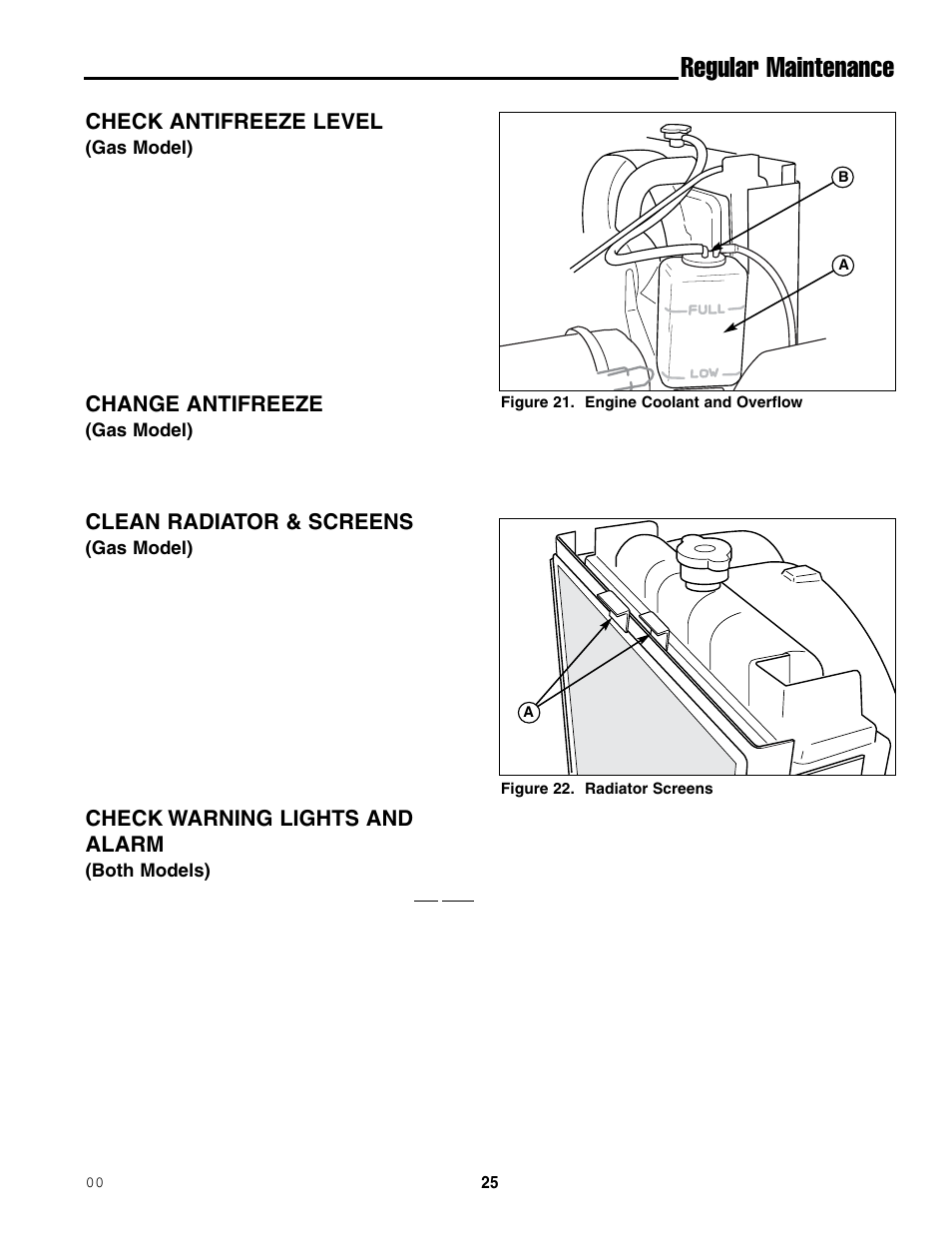 Regular maintenance, Check antifreeze level, Change antifreeze | Clean radiator & screens, Check warning lights and alarm | Ferris Industries 5000/72R User Manual | Page 27 / 55