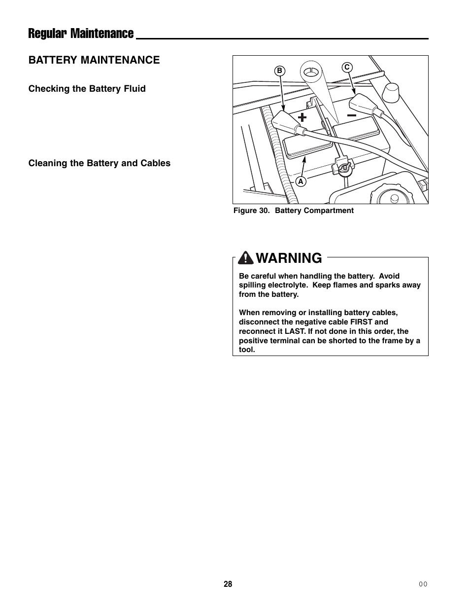 Warning, Regular maintenance, Battery maintenance | Ferris Industries 5000/72R User Manual | Page 30 / 55