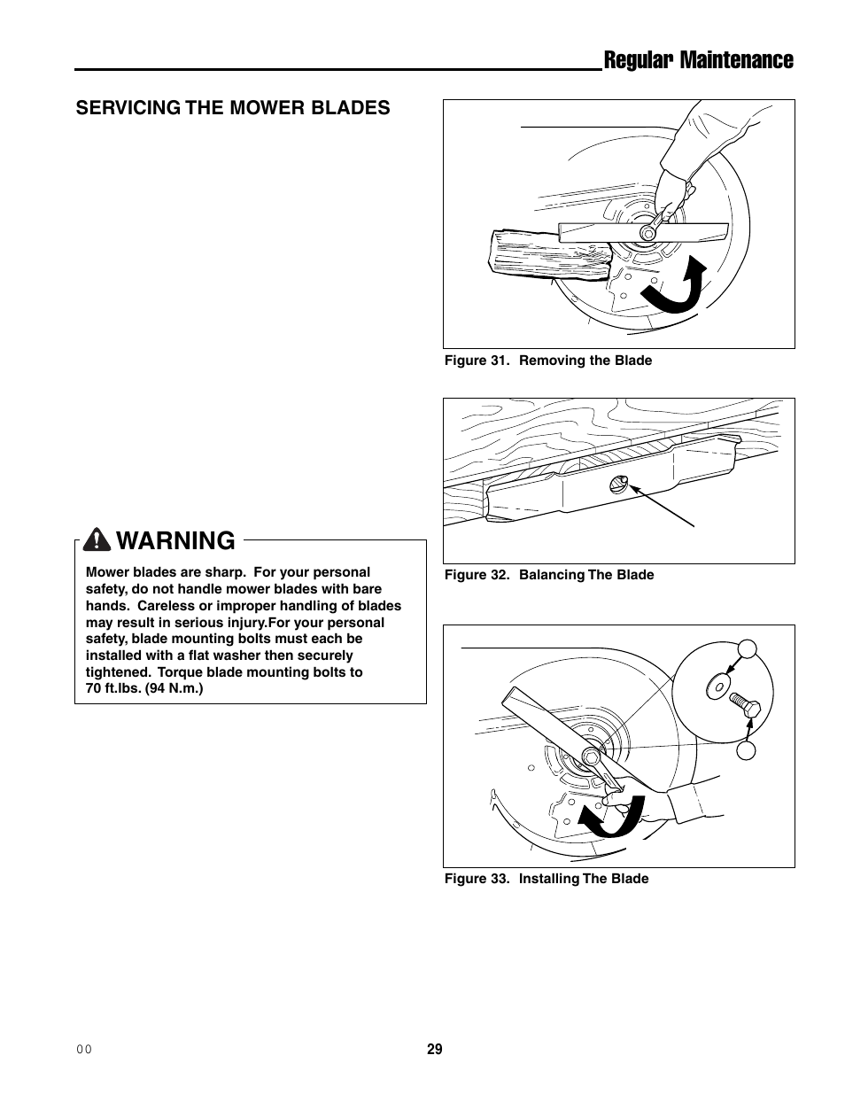 Warning, Regular maintenance, Servicing the mower blades | Ferris Industries 5000/72R User Manual | Page 31 / 55
