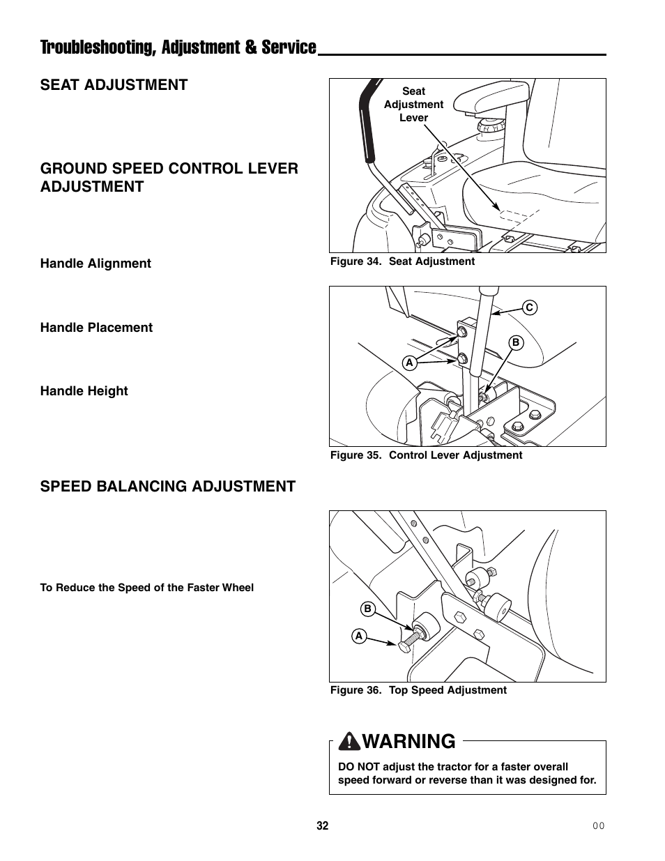 Troubleshooting, adjustment & service, Warning, Seat adjustment | Ground speed control lever adjustment, Speed balancing adjustment | Ferris Industries 5000/72R User Manual | Page 34 / 55