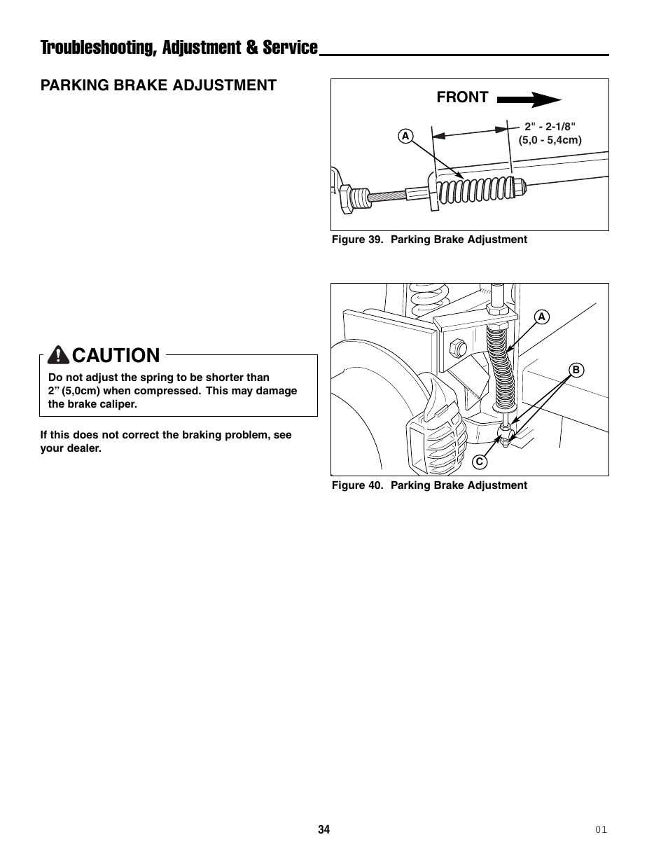 Troubleshooting, adjustment & service, Caution, Parking brake adjustment | Front | Ferris Industries 5000/72R User Manual | Page 36 / 55