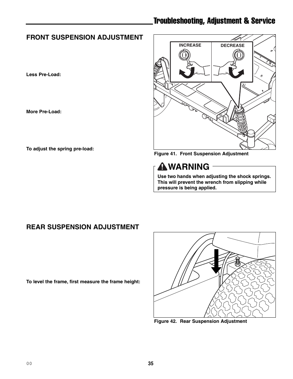 Troubleshooting, adjustment & service, Warning, Front suspension adjustment | Rear suspension adjustment | Ferris Industries 5000/72R User Manual | Page 37 / 55