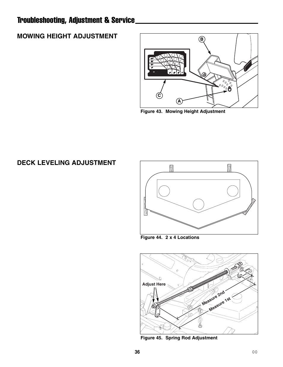 Troubleshooting, adjustment & service, Mowing height adjustment, Deck leveling adjustment | Ferris Industries 5000/72R User Manual | Page 38 / 55