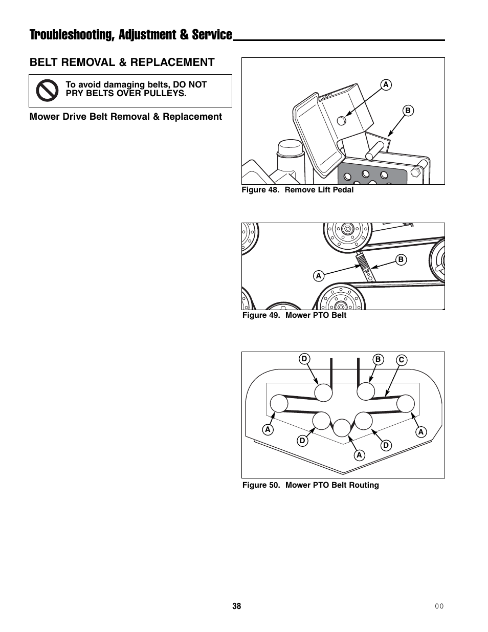 Troubleshooting, adjustment & service, Belt removal & replacement | Ferris Industries 5000/72R User Manual | Page 40 / 55