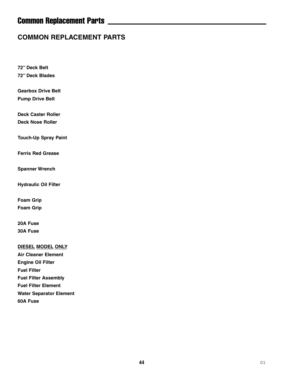 Common replacement parts | Ferris Industries 5000/72R User Manual | Page 46 / 55