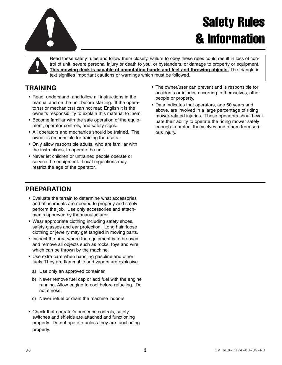 Safety rules & information, Training, Preparation | Ferris Industries 5000/72R User Manual | Page 5 / 55