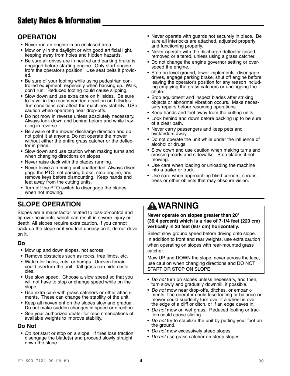 Safety rules & information, Warning, Operation | Slope operation | Ferris Industries 5000/72R User Manual | Page 6 / 55