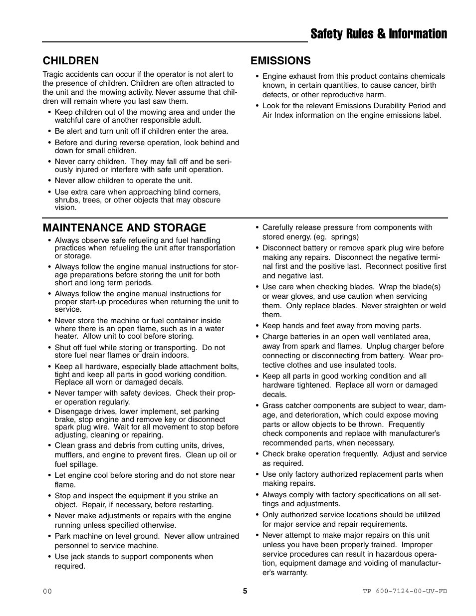 Safety rules & information, Children, Emissions | Maintenance and storage | Ferris Industries 5000/72R User Manual | Page 7 / 55