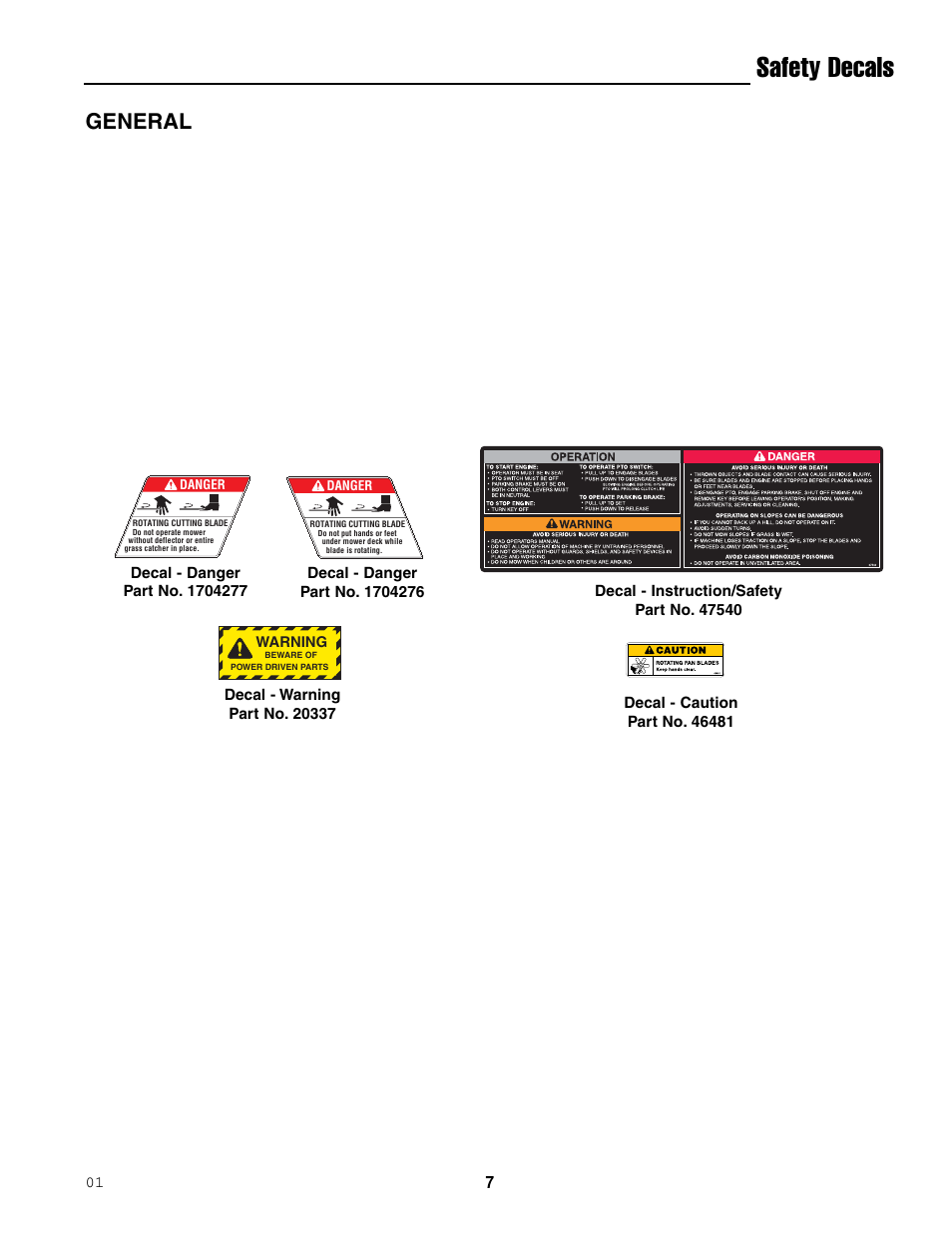 Safety decals, General | Ferris Industries 5000/72R User Manual | Page 9 / 55
