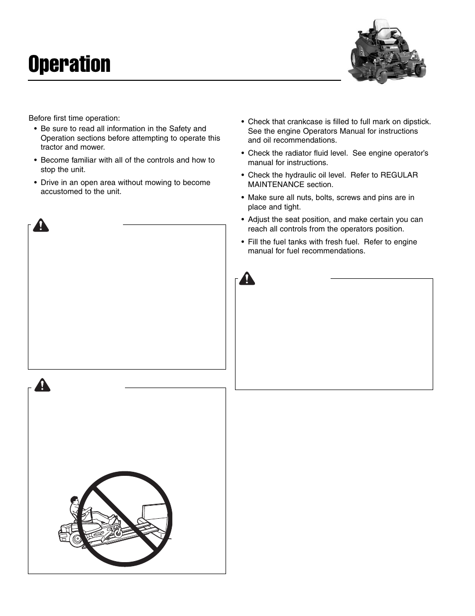 Operation, Warning, General operating safety | Checks before starting | Ferris Industries IS4500ZC28D61CE User Manual | Page 12 / 52