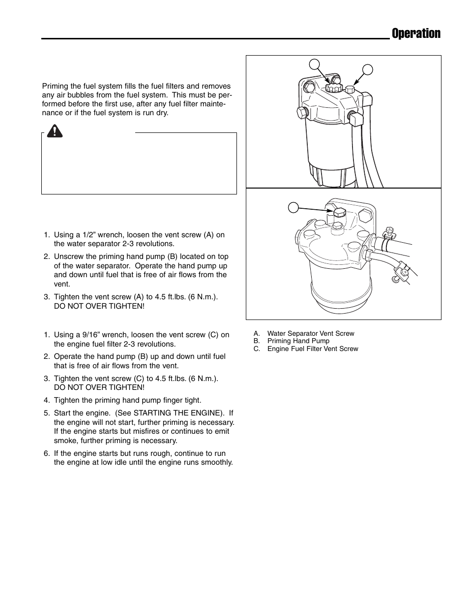 Operation, Warning, Priming the fuel system | Ferris Industries IS4500ZC28D61CE User Manual | Page 13 / 52
