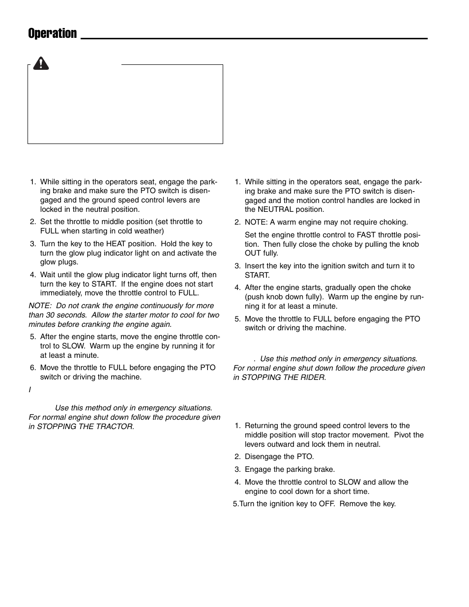 Operation, Warning, Starting the engine | Stopping the tractor & engine | Ferris Industries IS4500ZC28D61CE User Manual | Page 14 / 52