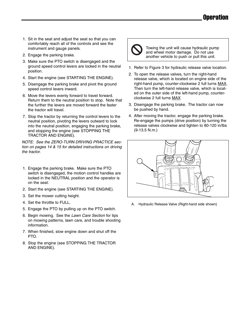 Operation, Driving the tractor, Mowing | Pushing the rider by hand | Ferris Industries IS4500ZC28D61CE User Manual | Page 15 / 52