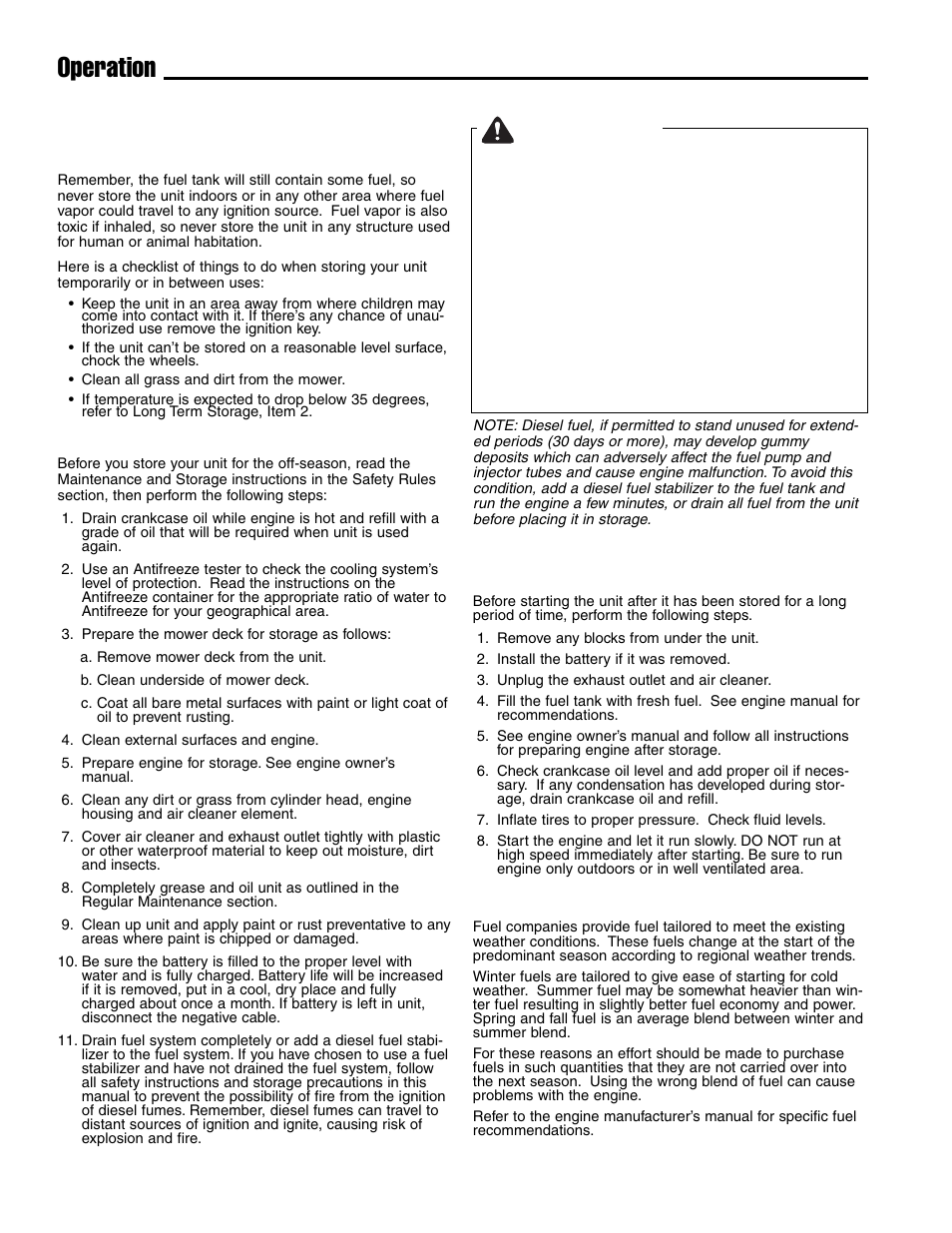Warning, Operation, Starting after long term storage | Diesel fuel recommendations, Storage (diesel model) | Ferris Industries IS4500ZC28D61CE User Manual | Page 18 / 52