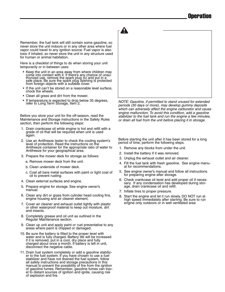 Warning, Operation, Starting after long term storage | Storage (gas model) | Ferris Industries IS4500ZC28D61CE User Manual | Page 19 / 52