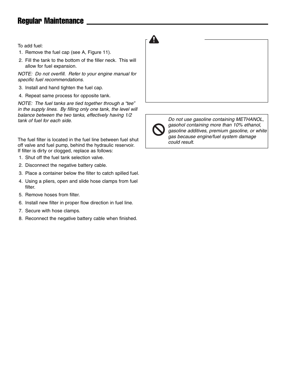 Regular maintenance, Warning, Checking / adding fuel (gas) | Fuel filter | Ferris Industries IS4500ZC28D61CE User Manual | Page 22 / 52