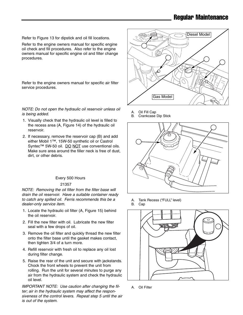 Regular maintenance, Check / add engine oil, Check / change air filter | Check hydraulic oil level, Hydraulic oil filter change | Ferris Industries IS4500ZC28D61CE User Manual | Page 23 / 52