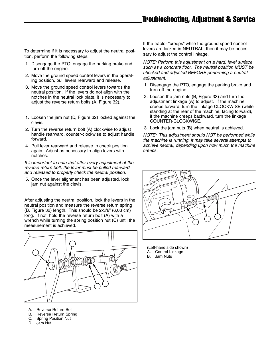 Troubleshooting, adjustment & service, Neutral position and return spring adjustment, Neutral adjustment | Ferris Industries IS4500ZC28D61CE User Manual | Page 31 / 52