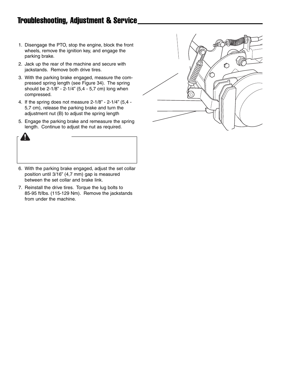 Troubleshooting, adjustment & service, Caution, Parking brake adjustment | Ferris Industries IS4500ZC28D61CE User Manual | Page 32 / 52