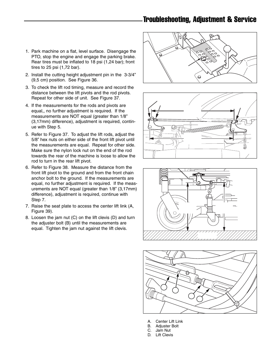 Troubleshooting, adjustment & service, Deck lift rod timing adjustment | Ferris Industries IS4500ZC28D61CE User Manual | Page 33 / 52
