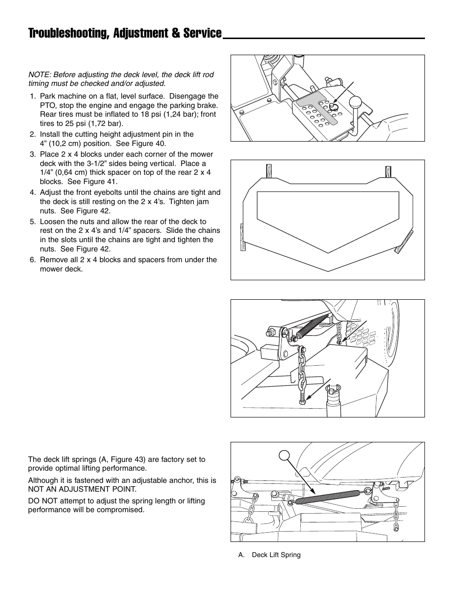 Troubleshooting, adjustment & service, Deck leveling adjustment, Deck lift spring | Ferris Industries IS4500ZC28D61CE User Manual | Page 34 / 52
