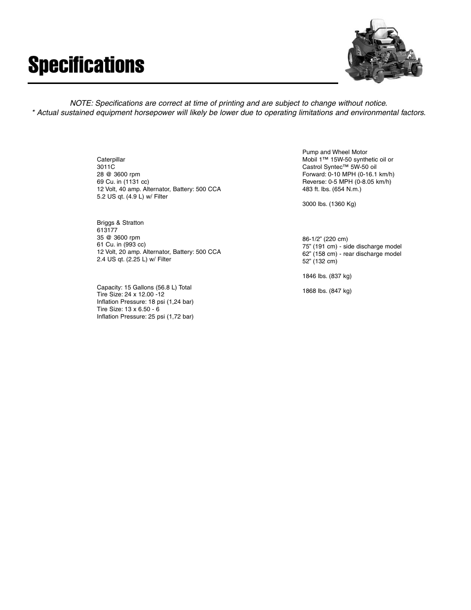 Specifications, Engine, Chassis | Transmissions, Dimensions, 28 hp* caterpillar, 35 hp* briggs | Ferris Industries IS4500ZC28D61CE User Manual | Page 42 / 52