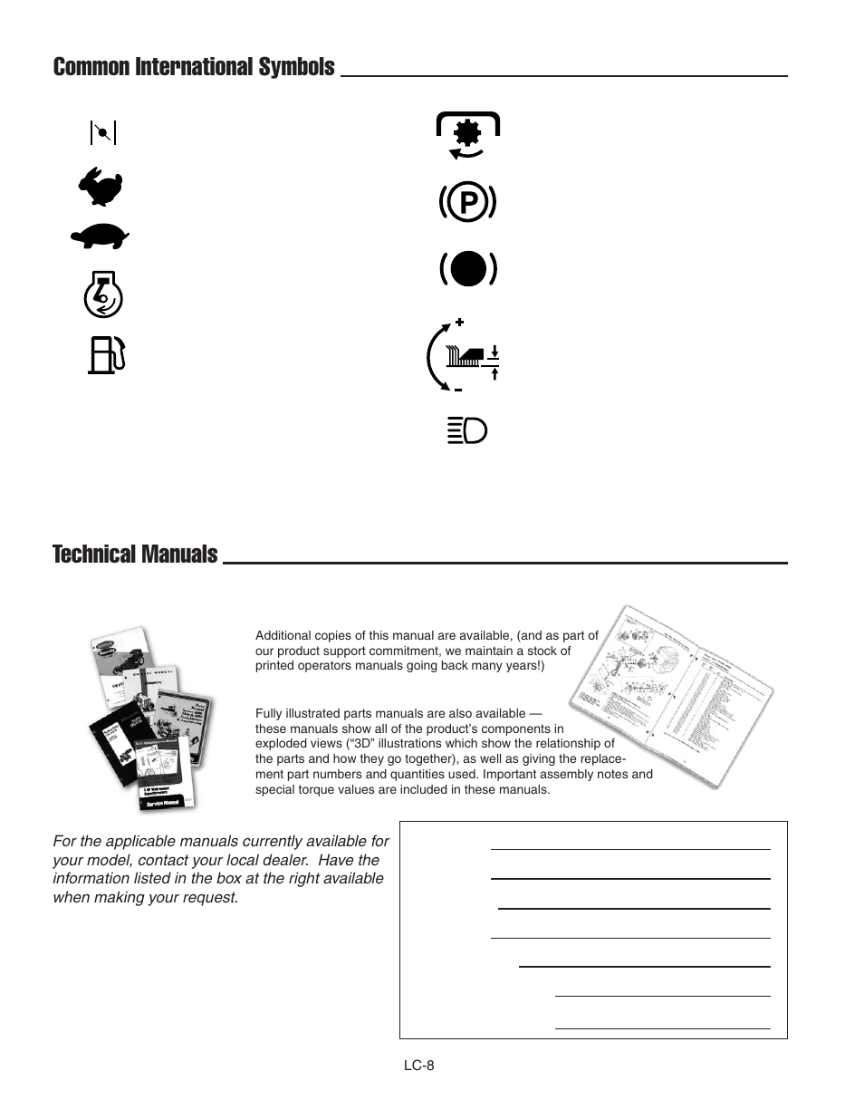 Common international symbols technical manuals, Additional technical literature available | Ferris Industries IS4500ZC28D61CE User Manual | Page 50 / 52