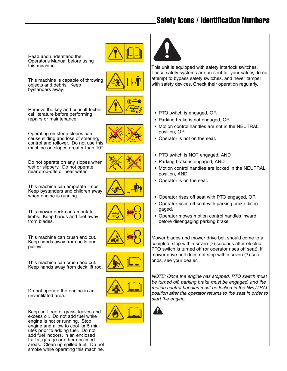 Safety icons / identification numbers, Warning, Safety interlock system | Safety icons | Ferris Industries IS4500ZC28D61CE User Manual | Page 9 / 52