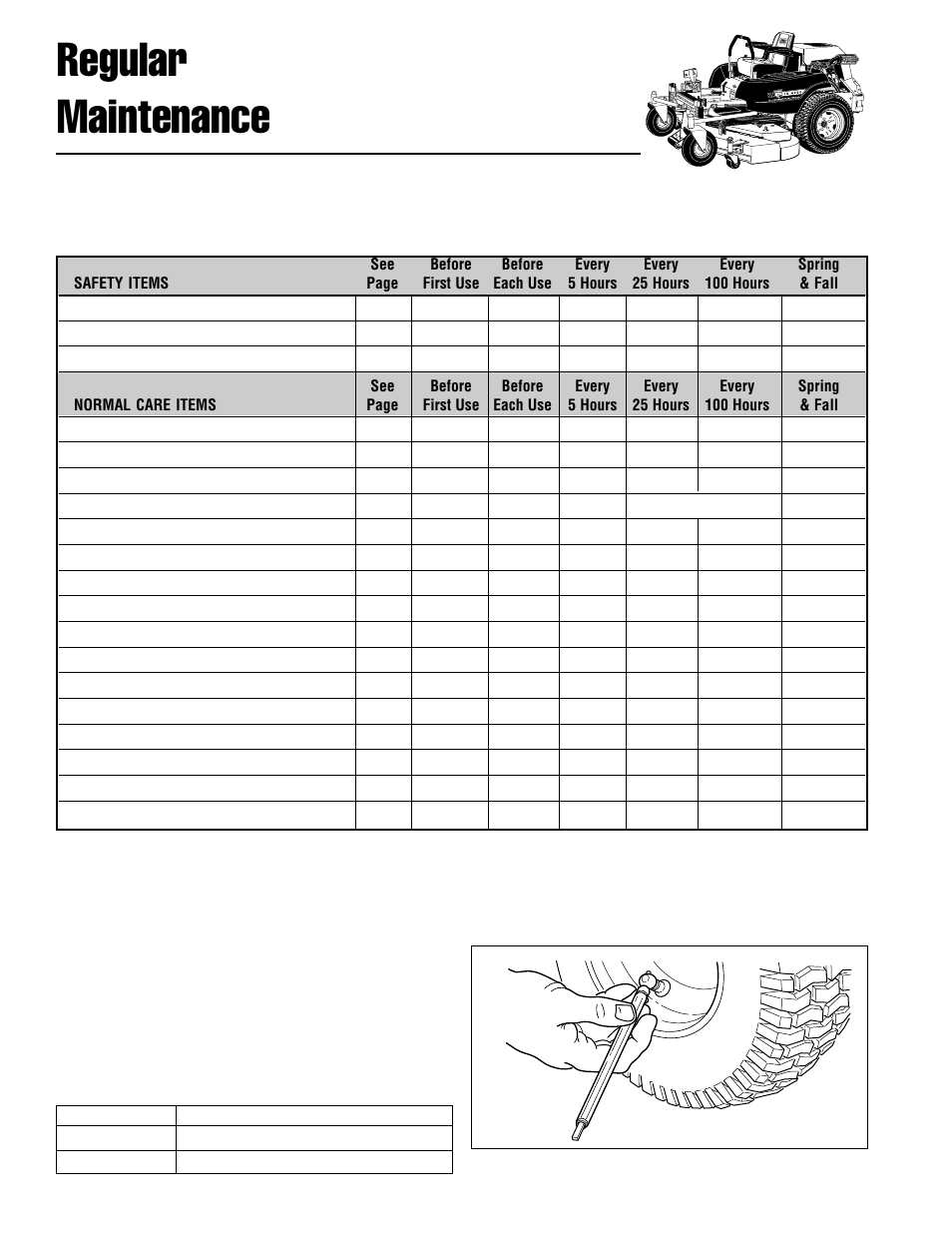 Regular maintenance, Maintenance schedule & procedures, Check tire pressures | Ferris Industries IS4000Z/KAV27 User Manual | Page 16 / 46