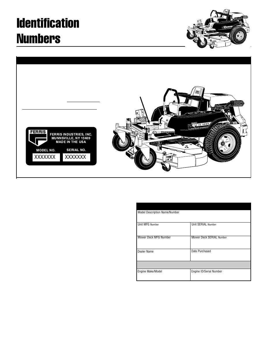 Identification numbers | Ferris Industries IS4000Z/KAV27 User Manual | Page 4 / 46