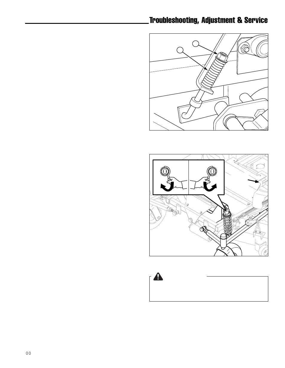 Troubleshooting, adjustment & service, Warning, Parking brake adjustment | Shock spring adjustment | Ferris Industries IS1000ZKAV21/48 User Manual | Page 27 / 43