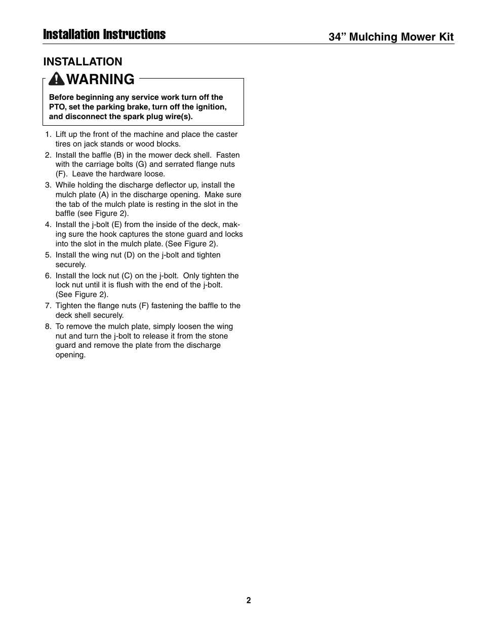 Installation instructions, Warning, 34” mulching mower kit installation | Ferris Industries 48550 User Manual | Page 2 / 2