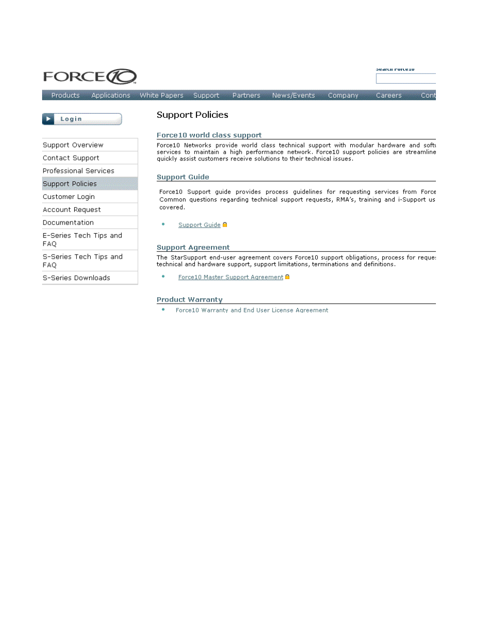 Accessing isupport services, Figure 30, Support policies section of isupport | Force10 Networks Force10 TeraScale E-Series E1200i User Manual | Page 100 / 105