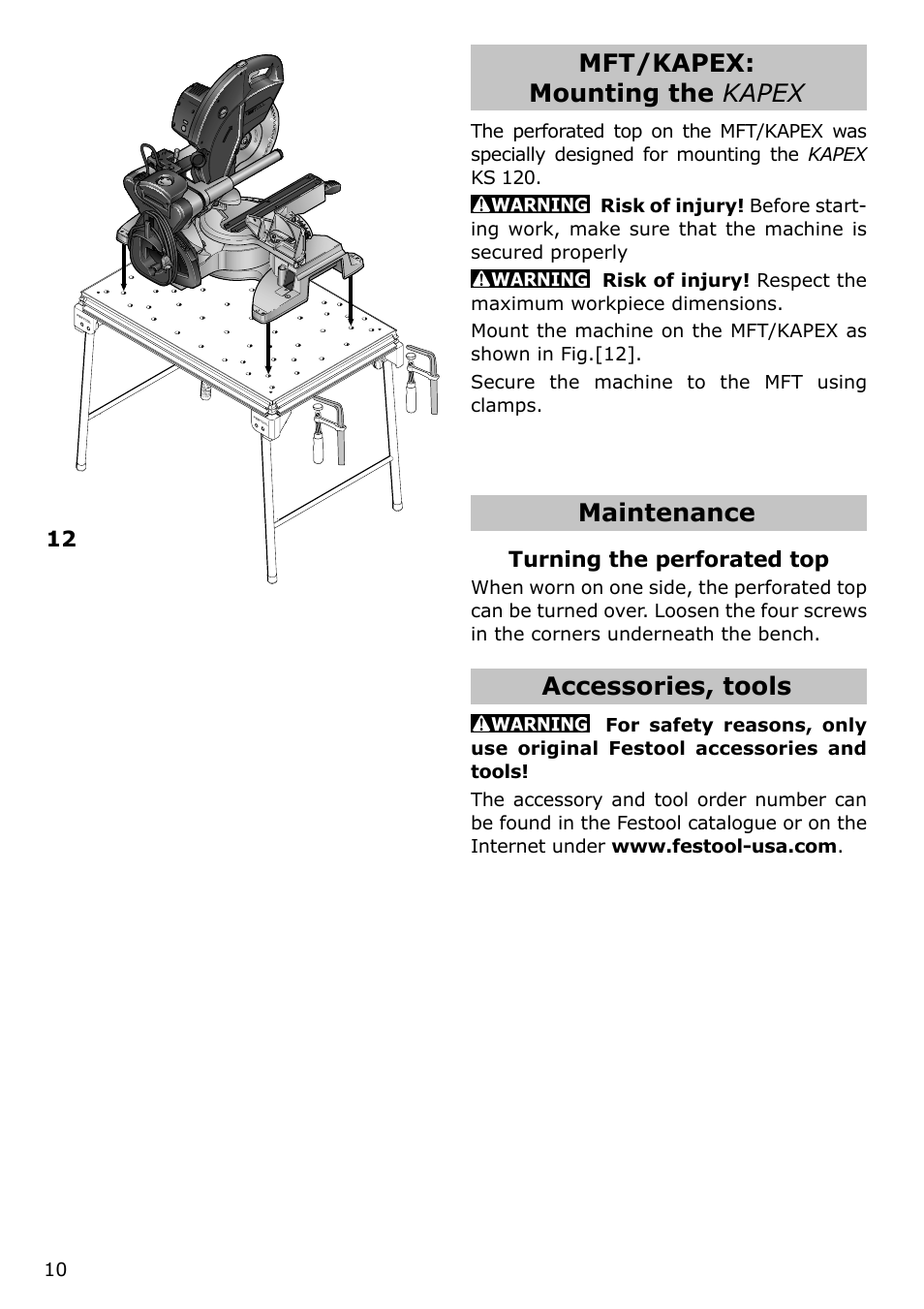 Mft/kapex: mounting the kapex, Maintenance, Accessories, tools | Festool MFT/KAPEX User Manual | Page 10 / 32