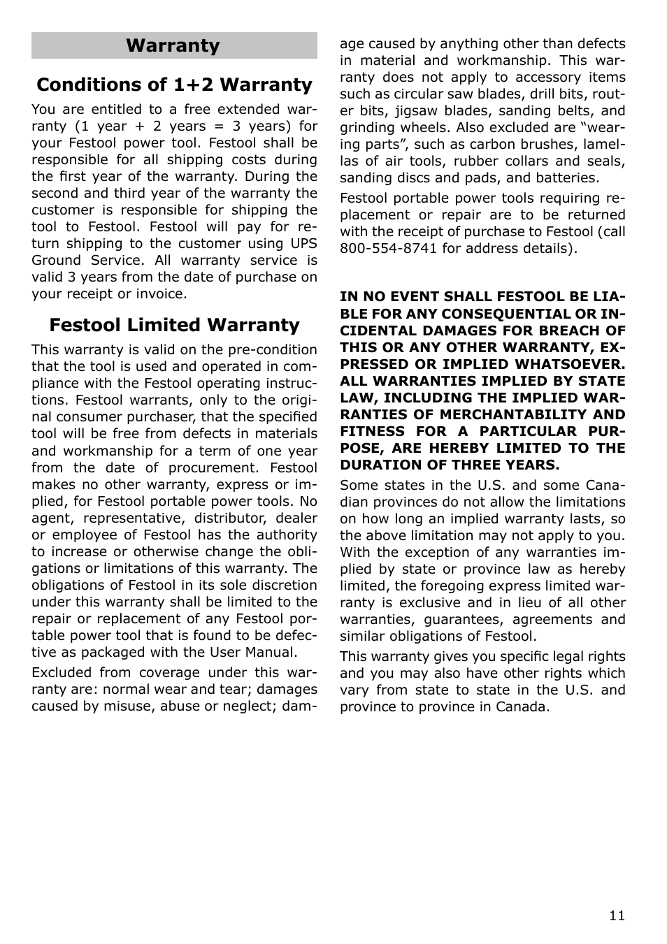 Warranty conditions of 1+2 warranty, Festool limited warranty | Festool MFT/KAPEX User Manual | Page 11 / 32