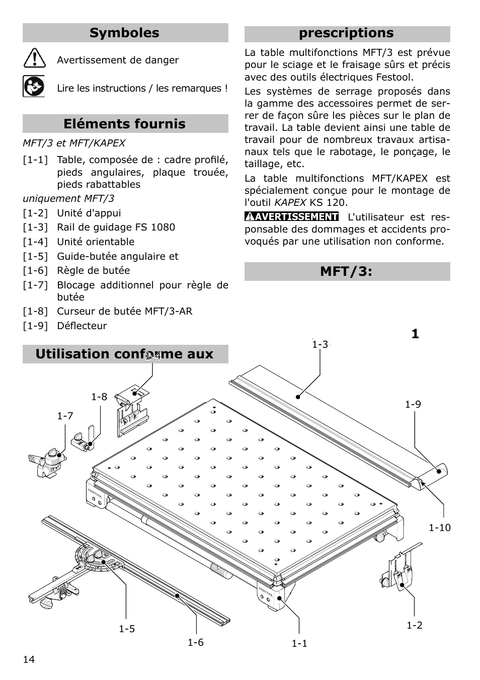 Symboles, Eléments fournis, Utilisation conforme aux prescriptions | Mft/3 | Festool MFT/KAPEX User Manual | Page 14 / 32