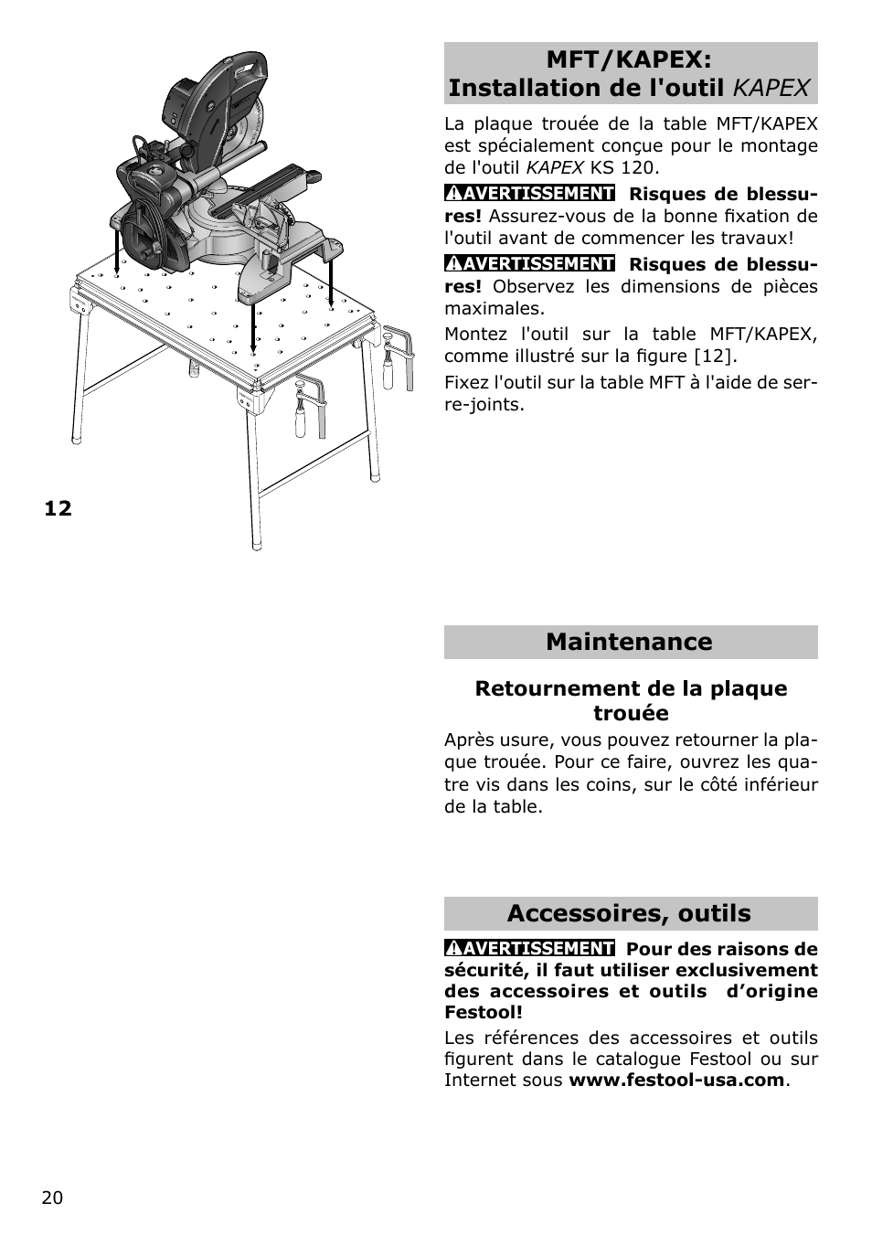 Mft/kapex: installation de l'outil kapex, Maintenance, Accessoires, outils | Festool MFT/KAPEX User Manual | Page 20 / 32