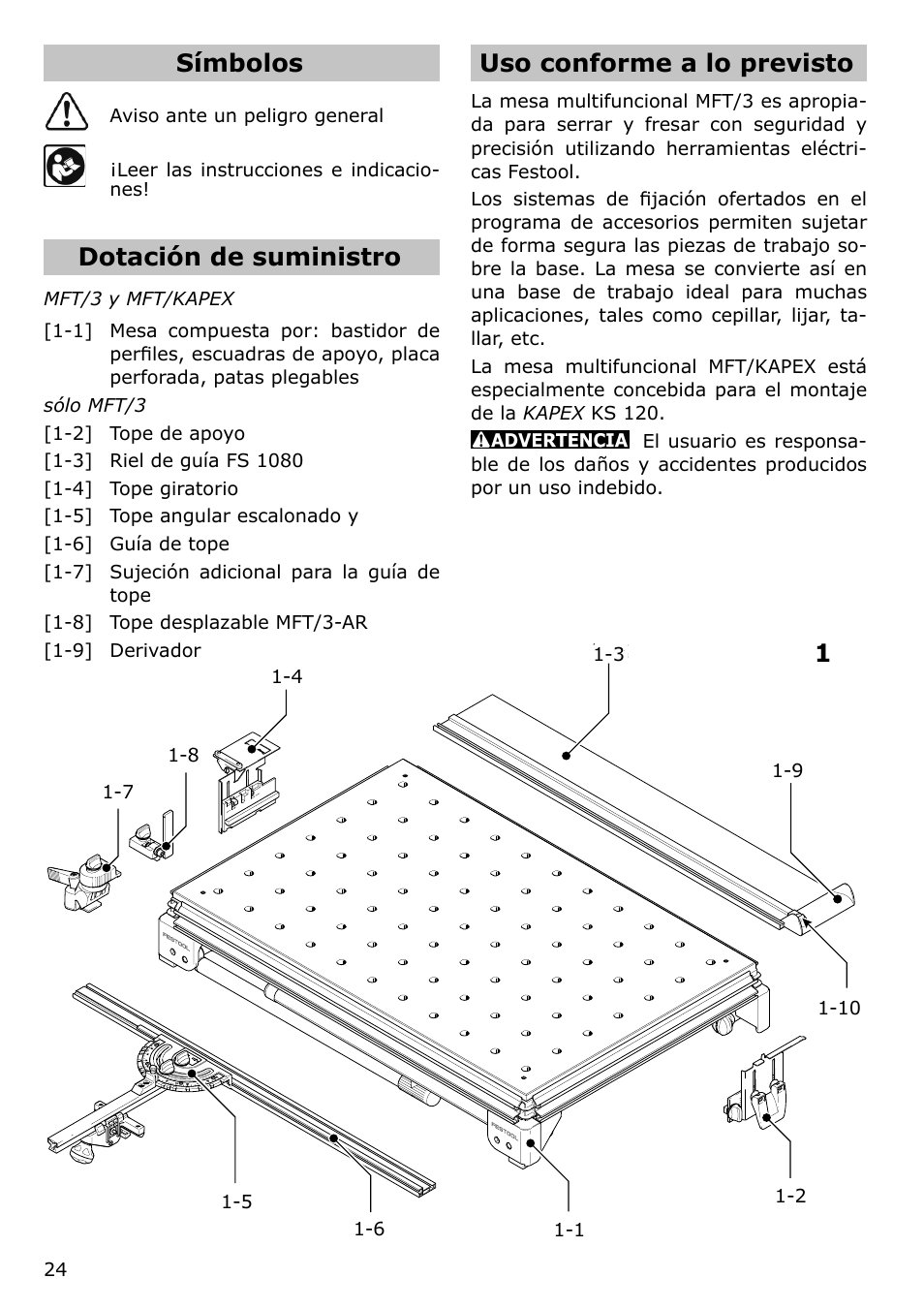 Símbolos, Dotación de suministro, Uso conforme a lo previsto | Festool MFT/KAPEX User Manual | Page 24 / 32