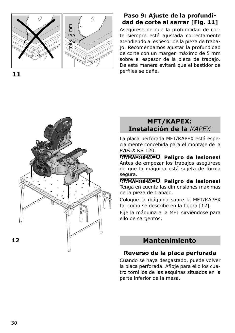 Mft/kapex: instalación de la kapex, Mantenimiento | Festool MFT/KAPEX User Manual | Page 30 / 32