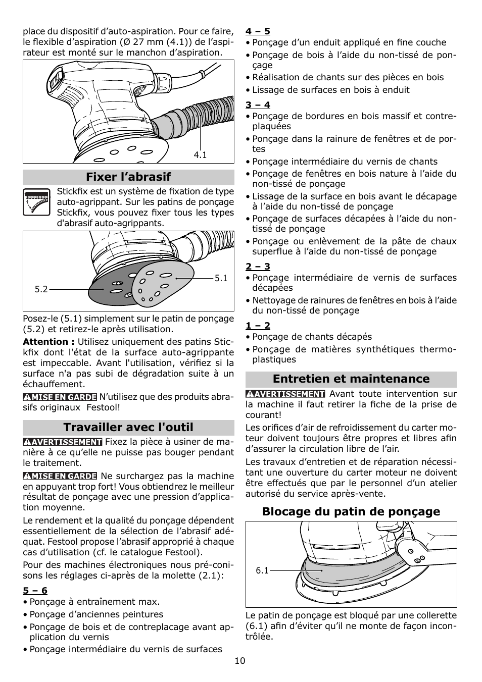Fixer l’abrasif, Travailler avec l'outil, Entretien et maintenance | Blocage du patin de ponçage | Festool ETS 125 EQ User Manual | Page 10 / 16
