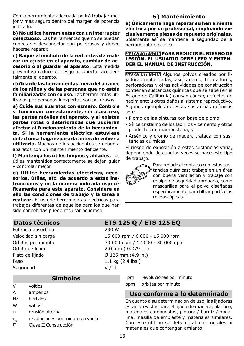 Uso conforme a lo determinado, Símbolos | Festool ETS 125 EQ User Manual | Page 13 / 16